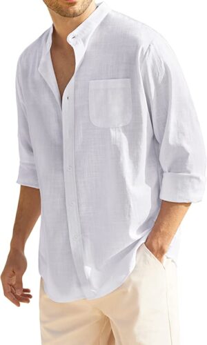 Men's Long Sleeve Cotton Linen Shirt Beach Button Down Shirts Casual Button Up Shirt Summer Yoga Tops with Pocket