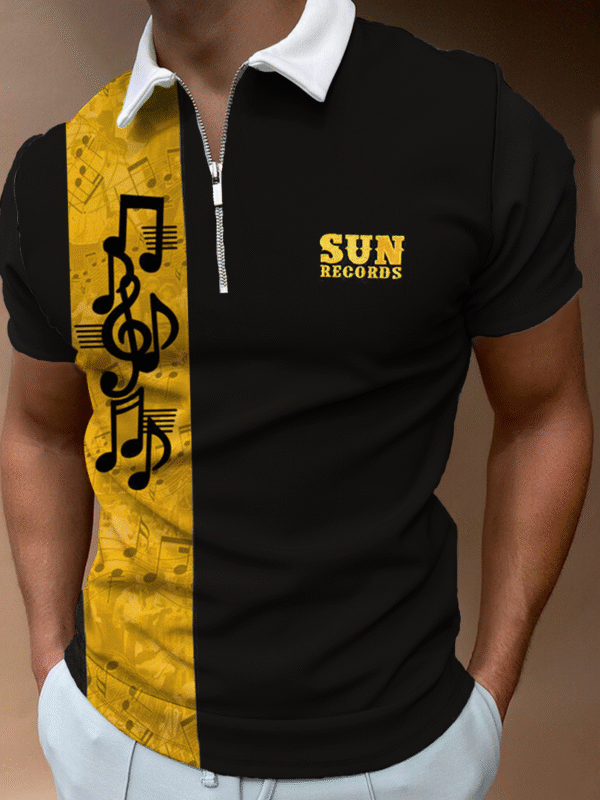 Casual Music Series Notes Geometric Stripes Lapel Short Sleeve Polo Top