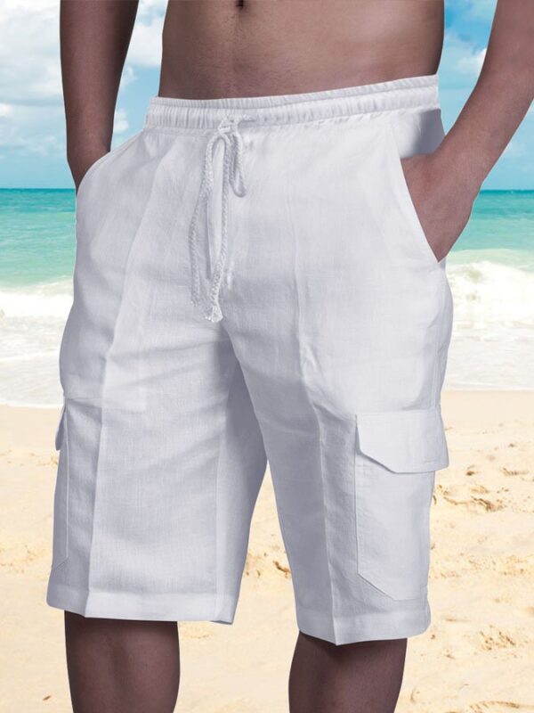 Men's Cotton Linen Shorts Multi-pocket Tethered Beach Cargo Shorts