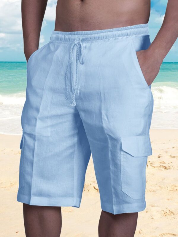 Men's Cotton Linen Shorts Multi-pocket Tethered Beach Cargo Shorts - Image 3