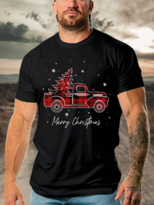 Men's Merry Christmas Buffalo Truck Tree Casual Cotton Shirts & Tops