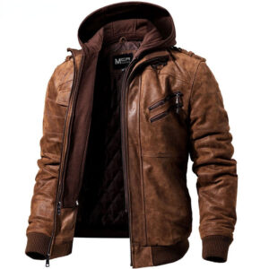 Motorcycle Zip-Front Leather Jacket with Hood