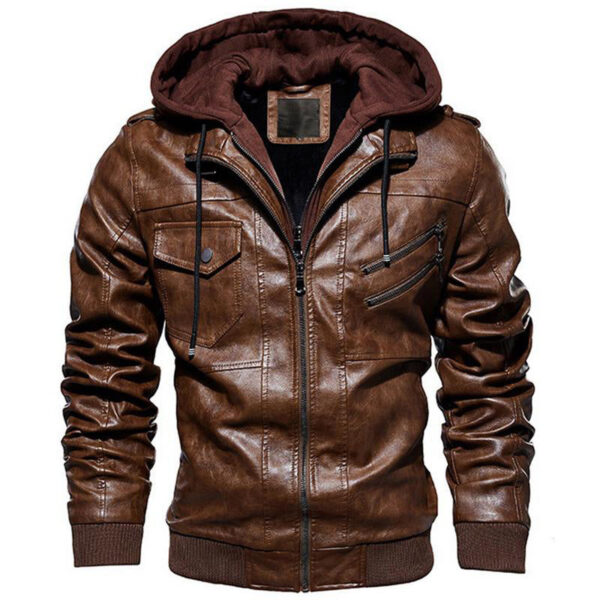 Motorcycle Zip-Front Leather Jacket with Hood - Image 6