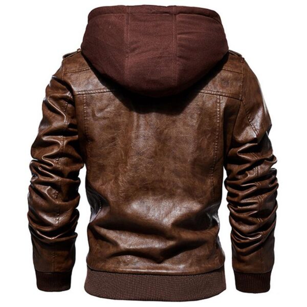 Motorcycle Zip-Front Leather Jacket with Hood - Image 9