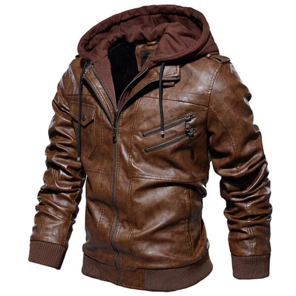 Motorcycle Zip-Front Leather Jacket with Hood - Image 8