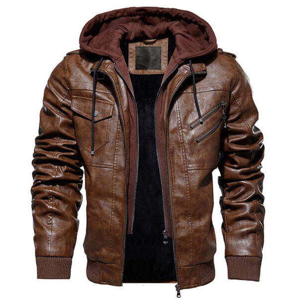 Motorcycle Zip-Front Leather Jacket with Hood - Image 7