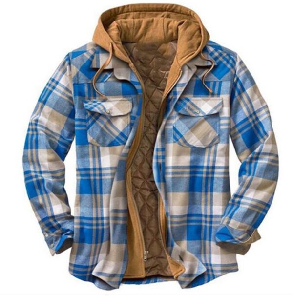 Men's Winter Flannel Quilted Lined Plaid Hooded Shirt Jacket - Image 3