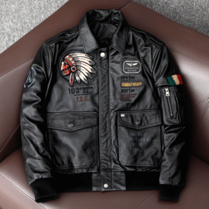 Men's Embroidered Bomber Flight Leather Jacket