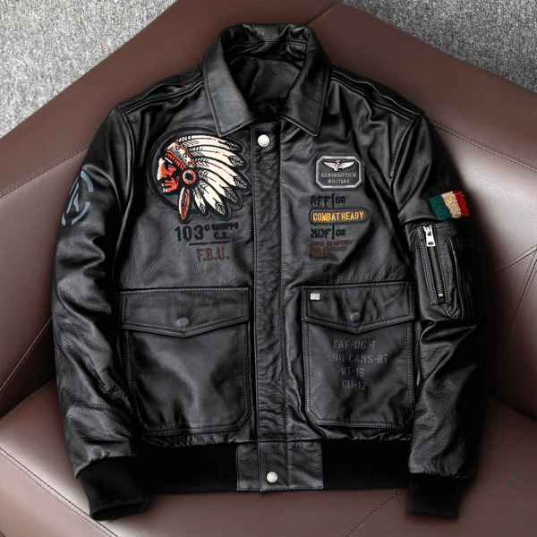 Men's Embroidered Bomber Flight Leather Jacket
