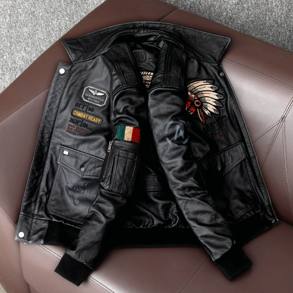 Men's Embroidered Bomber Flight Leather Jacket - Image 3