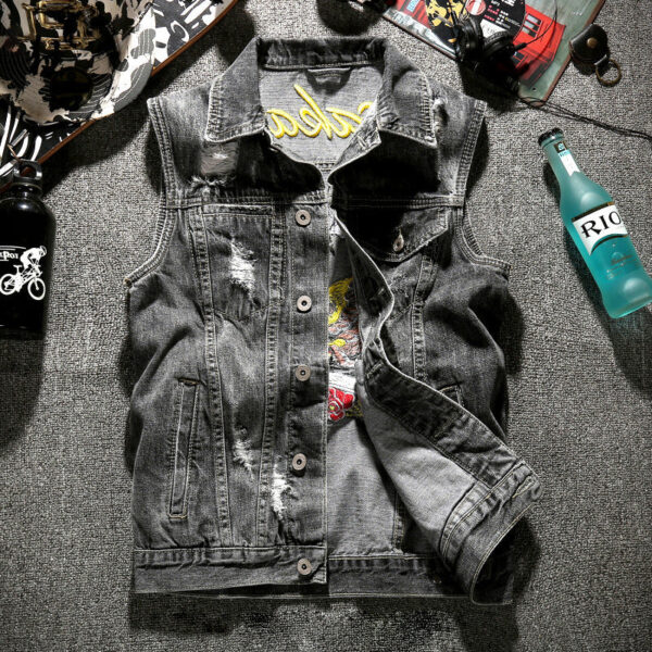 Moto Eagle Grey Biker Denim Vest - Image 2