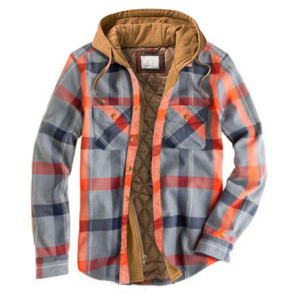 Men's Winter Flannel Quilted Lined Plaid Hooded Shirt Jacket - Image 5
