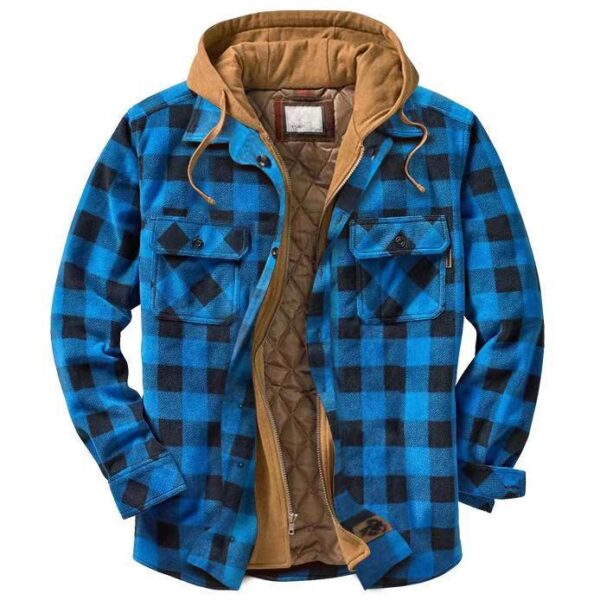 Men's Winter Flannel Quilted Lined Plaid Hooded Shirt Jacket - Image 4
