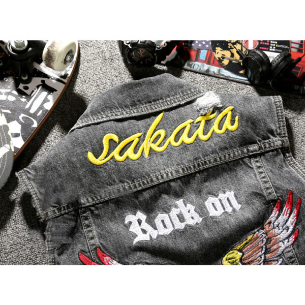 Moto Eagle Grey Biker Denim Vest - Image 5