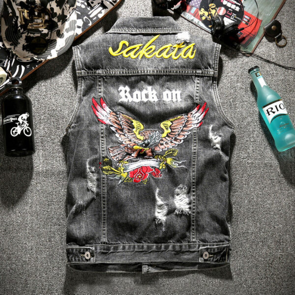 Moto Eagle Grey Biker Denim Vest - Image 3