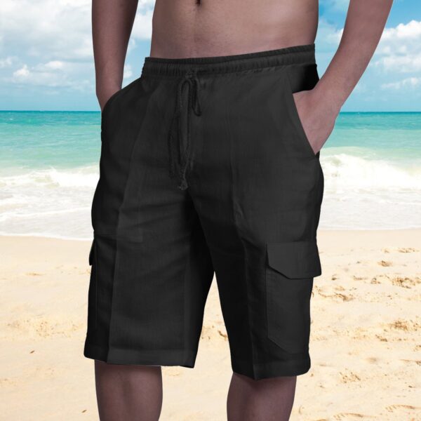 Men's Cotton Linen Shorts Multi-pocket Tethered Beach Cargo Shorts - Image 9