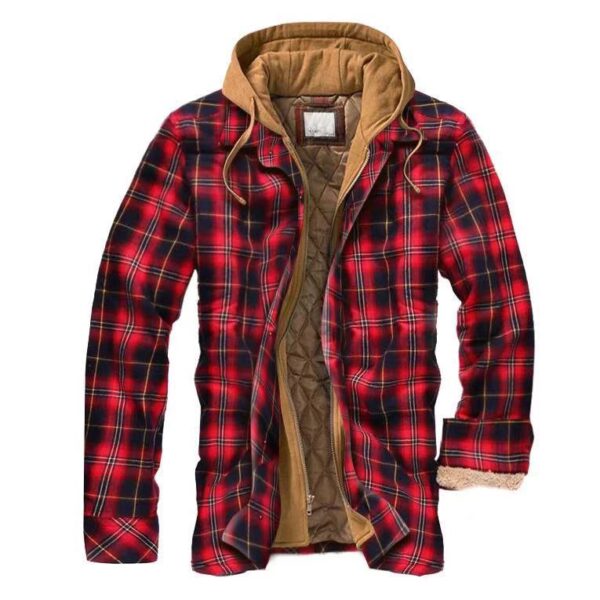 Men's Winter Flannel Quilted Lined Plaid Hooded Shirt Jacket - Image 7