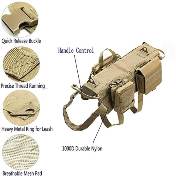 3 Colors Tactical Dog Harness Adjustable Military K9 Harness Vest with 3 Detachable Pouches - Image 5