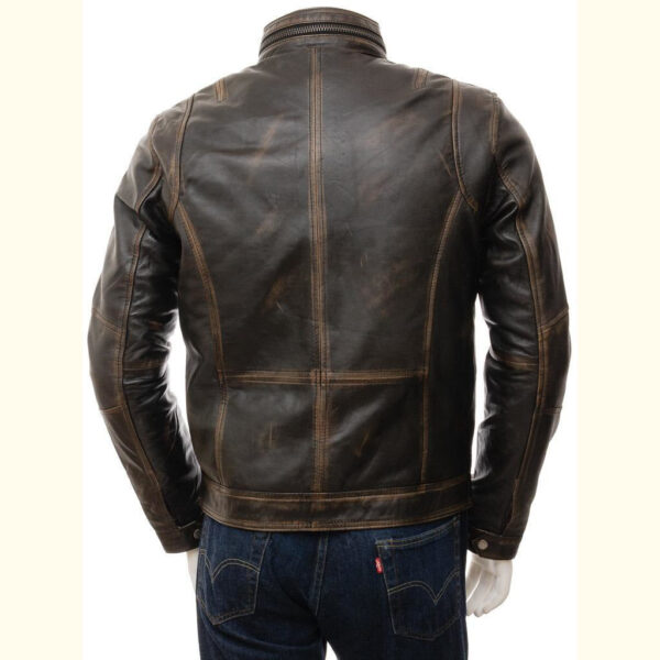 Mens Slim Fit Vintage Distressed Brown Cafe Leather Jacket - Image 2