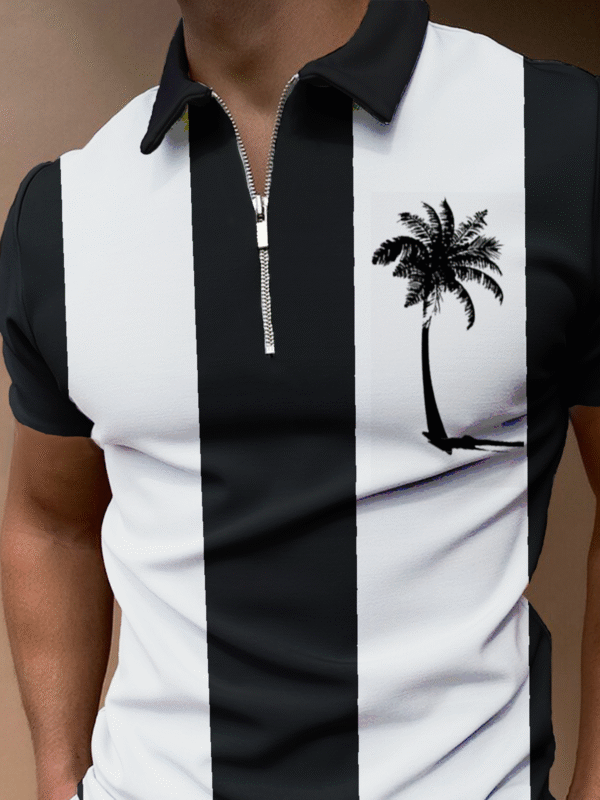 Resort Style Hawaiian Series Coconut Tree Geometric Stripe Elements Lapel Short-Sleeved Polo Top - Image 2