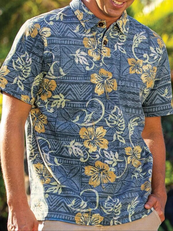 Hawaiian Men's Floral Polo Shirts Linen Casual Collar Tops - Image 3