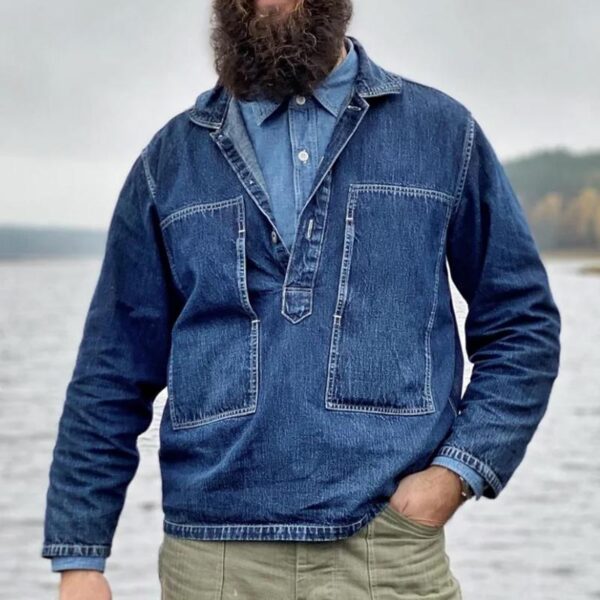 Men's Vintage Pocket Lapel Pullover Long Sleeve Denim Shirt - Image 3