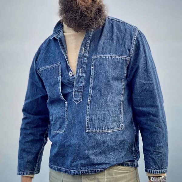 Men's Vintage Pocket Lapel Pullover Long Sleeve Denim Shirt - Image 2